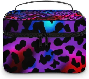Women's Makeup Bag Trippy Red Pink Purple Blue Cheetah Leopard Print Travel Cosmetic Bags for Women, Portable Large Toiletries Train Case Organizer with Dividers