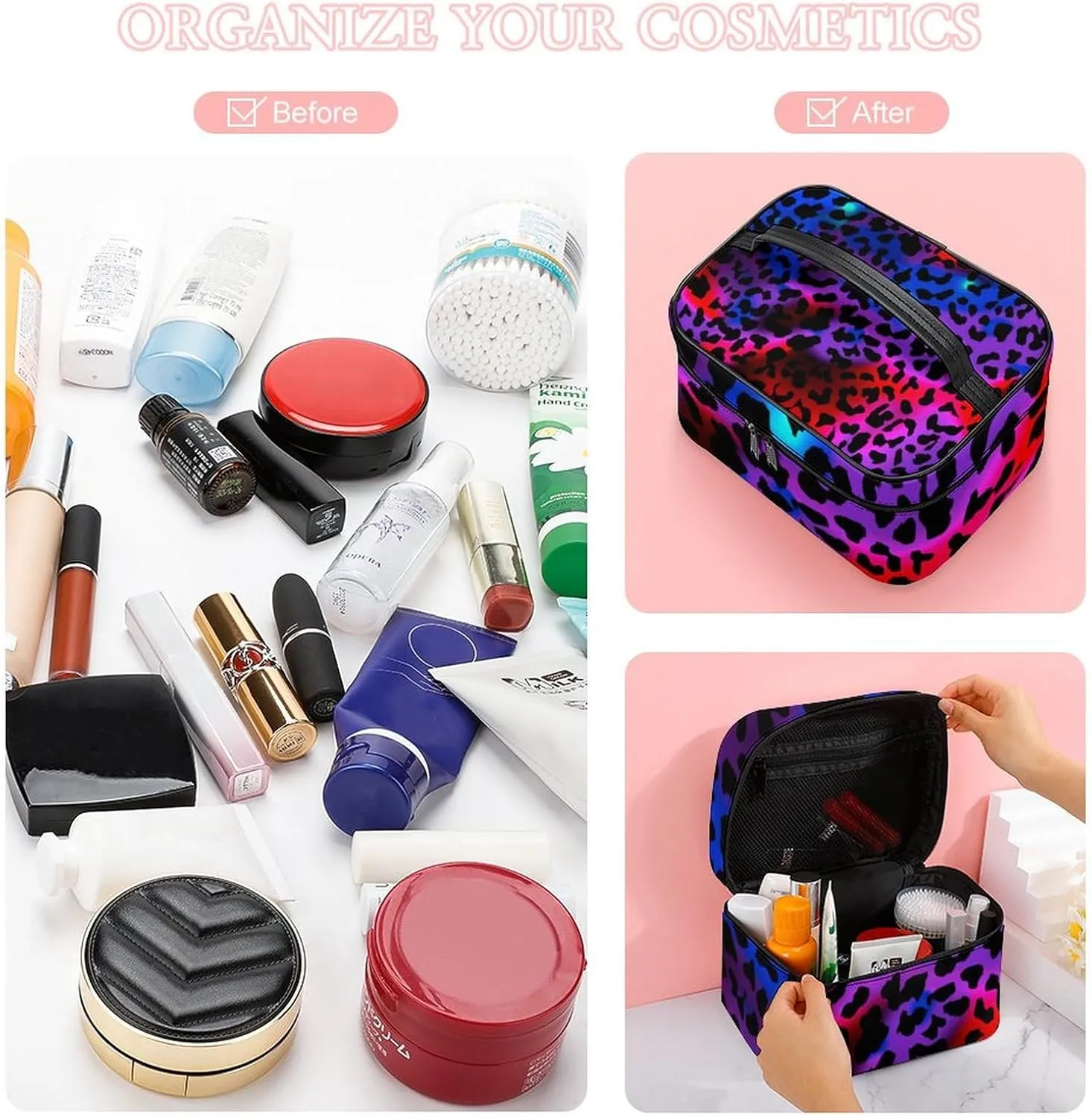 Women's Makeup Bag Trippy Red Pink Purple Blue Cheetah Leopard Print Travel Cosmetic Bags for Women, Portable Large Toiletries Train Case Organizer with Dividers