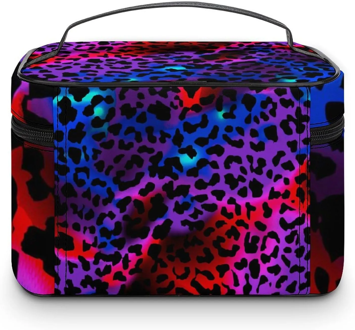 Women's Makeup Bag Trippy Red Pink Purple Blue Cheetah Leopard Print Travel Cosmetic Bags for Women, Portable Large Toiletries Train Case Organizer with Dividers