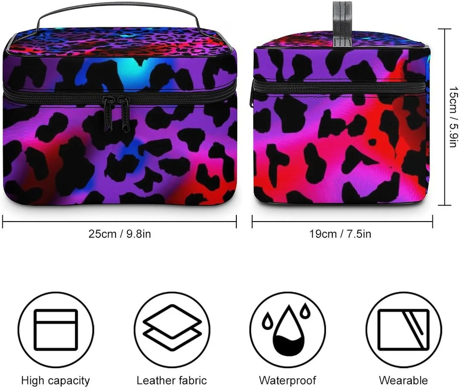 Women's Makeup Bag Trippy Red Pink Purple Blue Cheetah Leopard Print Travel Cosmetic Bags for Women, Portable Large Toiletries Train Case Organizer with Dividers