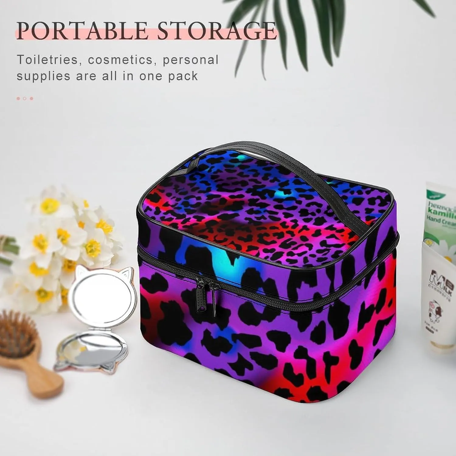 Women's Makeup Bag Trippy Red Pink Purple Blue Cheetah Leopard Print Travel Cosmetic Bags for Women, Portable Large Toiletries Train Case Organizer with Dividers