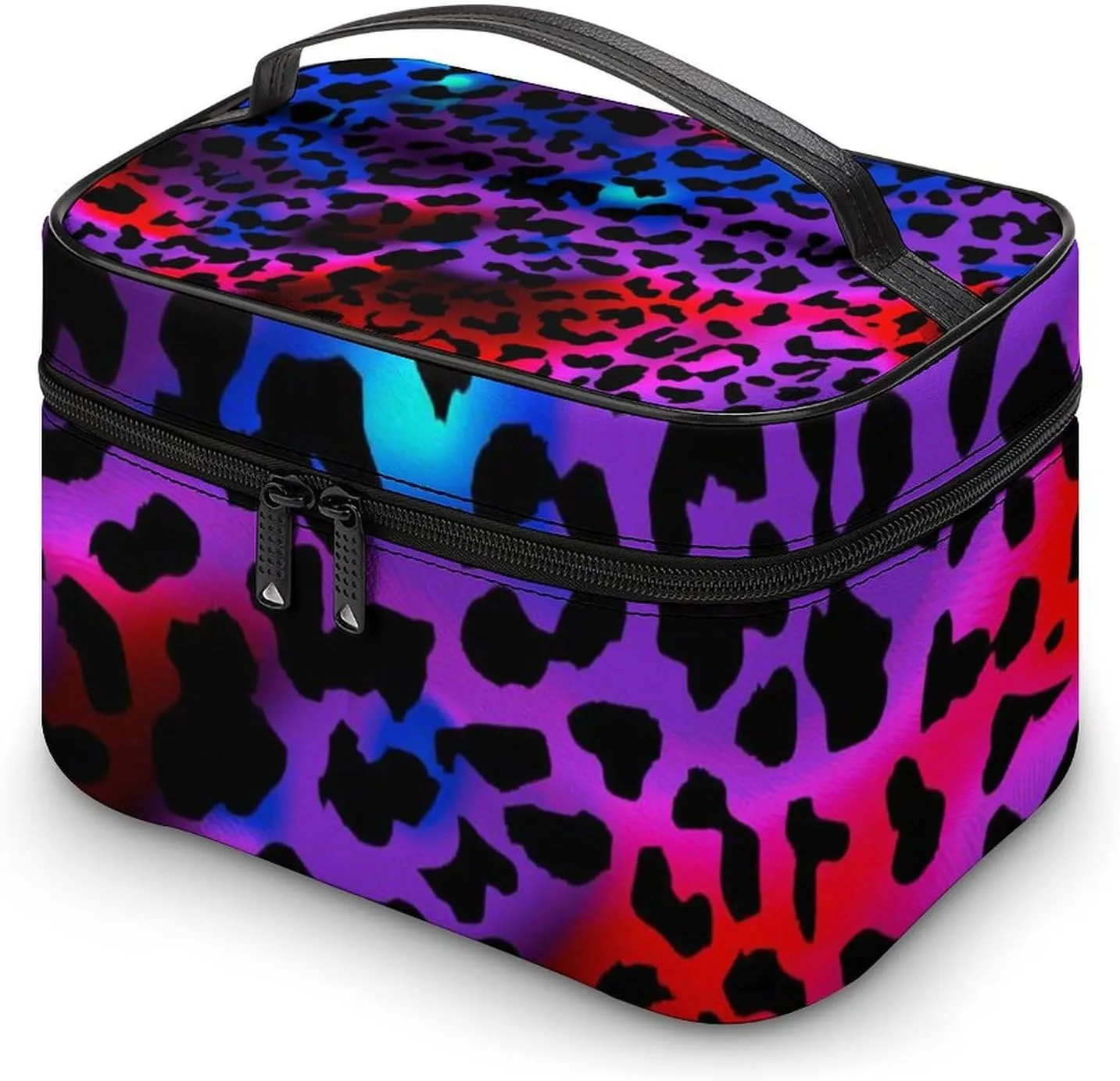 Women's Makeup Bag Trippy Red Pink Purple Blue Cheetah Leopard Print Travel Cosmetic Bags for Women, Portable Large Toiletries Train Case Organizer with Dividers