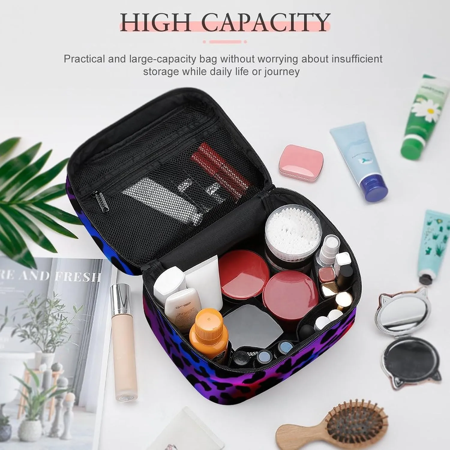 Women's Makeup Bag Trippy Red Pink Purple Blue Cheetah Leopard Print Travel Cosmetic Bags for Women, Portable Large Toiletries Train Case Organizer with Dividers