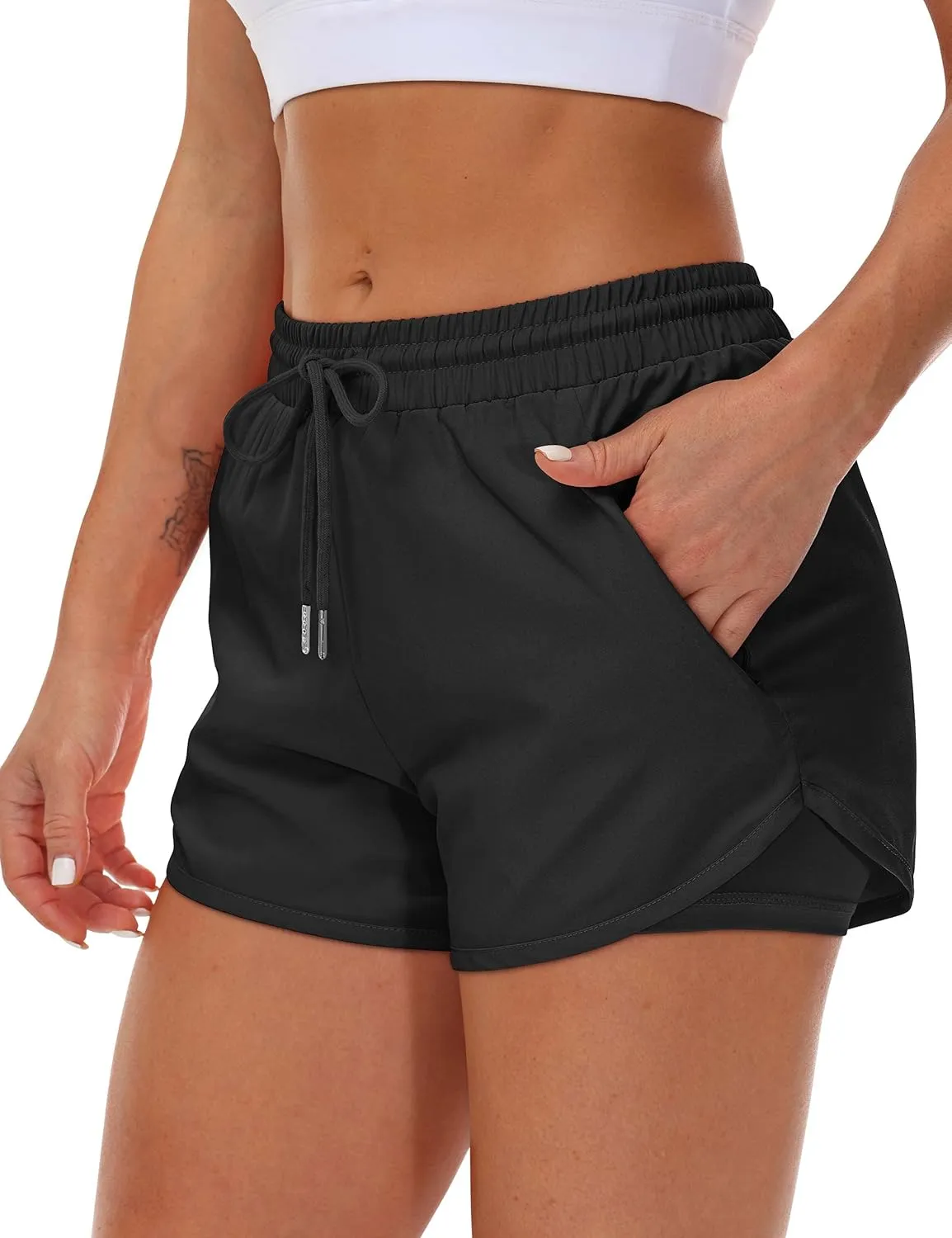 Women's Running Shorts with Liner 3 Zipper Pockets Elastic Workout Athletic Gym Yoga Shorts