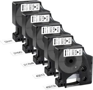 Work for Dymo D1 Label Maker Cartridges 45013 1/2" with D1 Label Maker Refills 45013s 12mm x 3m Black on White for Dymo LabelManager 160 280 210D 360D 420P PnP 220P 260P 450D,5Pk