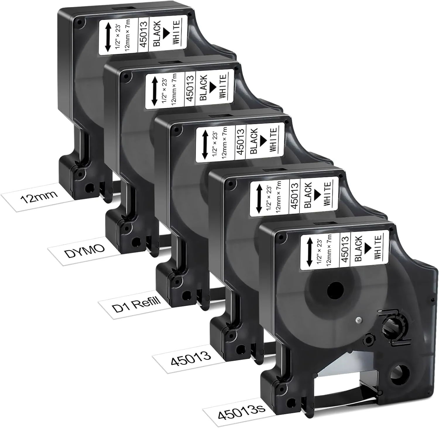 Work for Dymo D1 Label Maker Cartridges 45013 1/2" with D1 Label Maker Refills 45013s 12mm x 3m Black on White for Dymo LabelManager 160 280 210D 360D 420P PnP 220P 260P 450D,5Pk