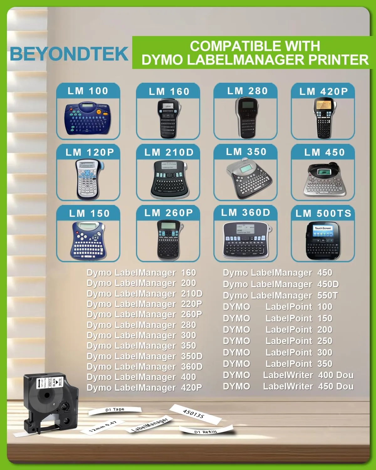 Work for Dymo D1 Label Maker Cartridges 45013 1/2" with D1 Label Maker Refills 45013s 12mm x 3m Black on White for Dymo LabelManager 160 280 210D 360D 420P PnP 220P 260P 450D,5Pk