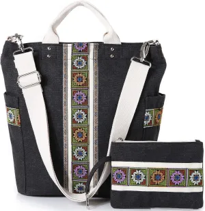 Worldlyda Women Canvas Tote Purse Large Retro Shoulder Bag Casual Crossbody Hobo Top Handle Handbags with Embroidery