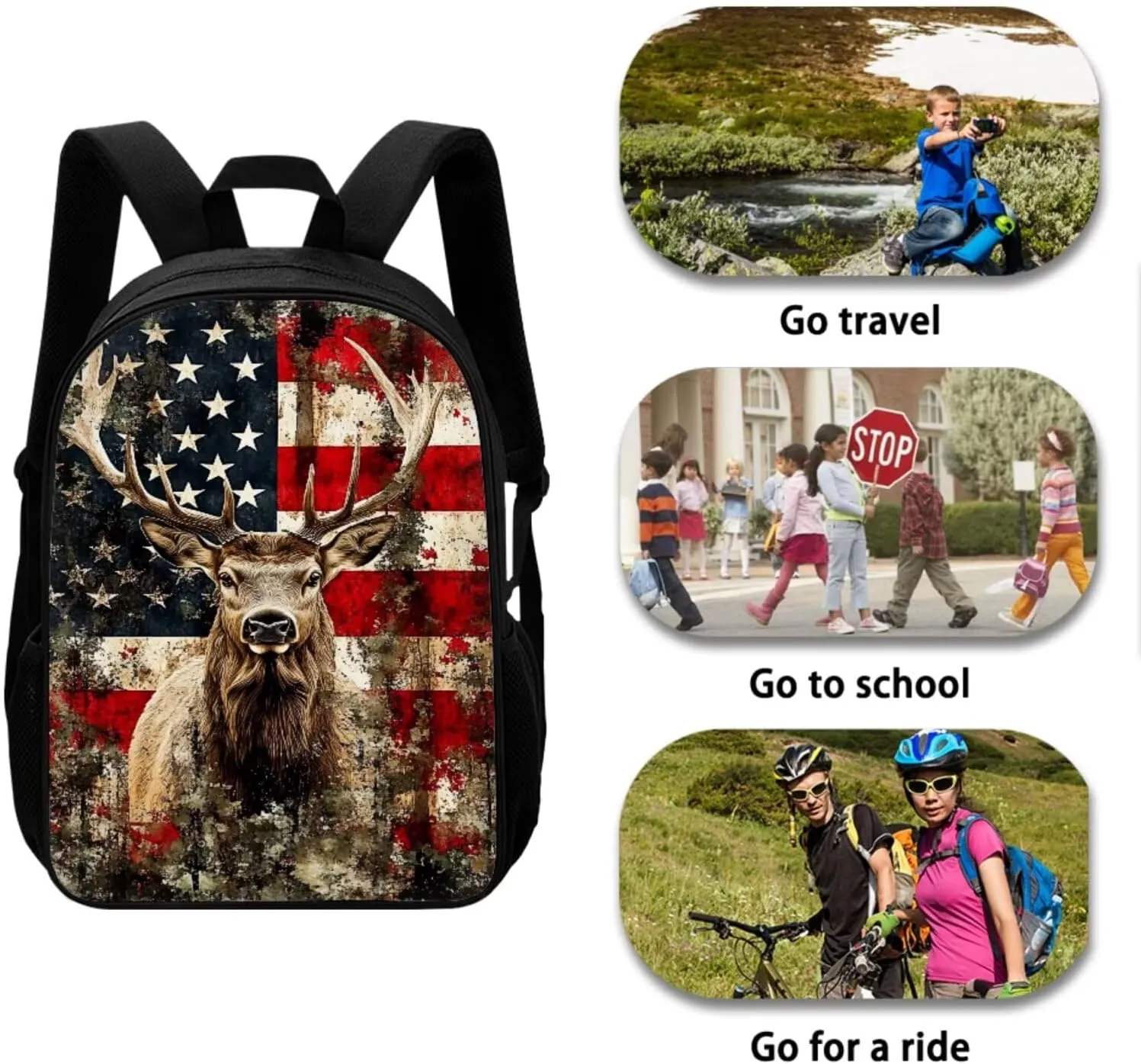 Xoenoiee American Flag Hunting Deer Pattern School Backpack 3 Pieces Set for Boys Girls with Lunch Box Pencil Bag Primary/Middle School Bag Teenager Bookbags