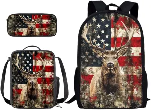 Xoenoiee American Flag Hunting Deer Pattern School Backpack 3 Pieces Set for Boys Girls with Lunch Box Pencil Bag Primary/Middle School Bag Teenager Bookbags