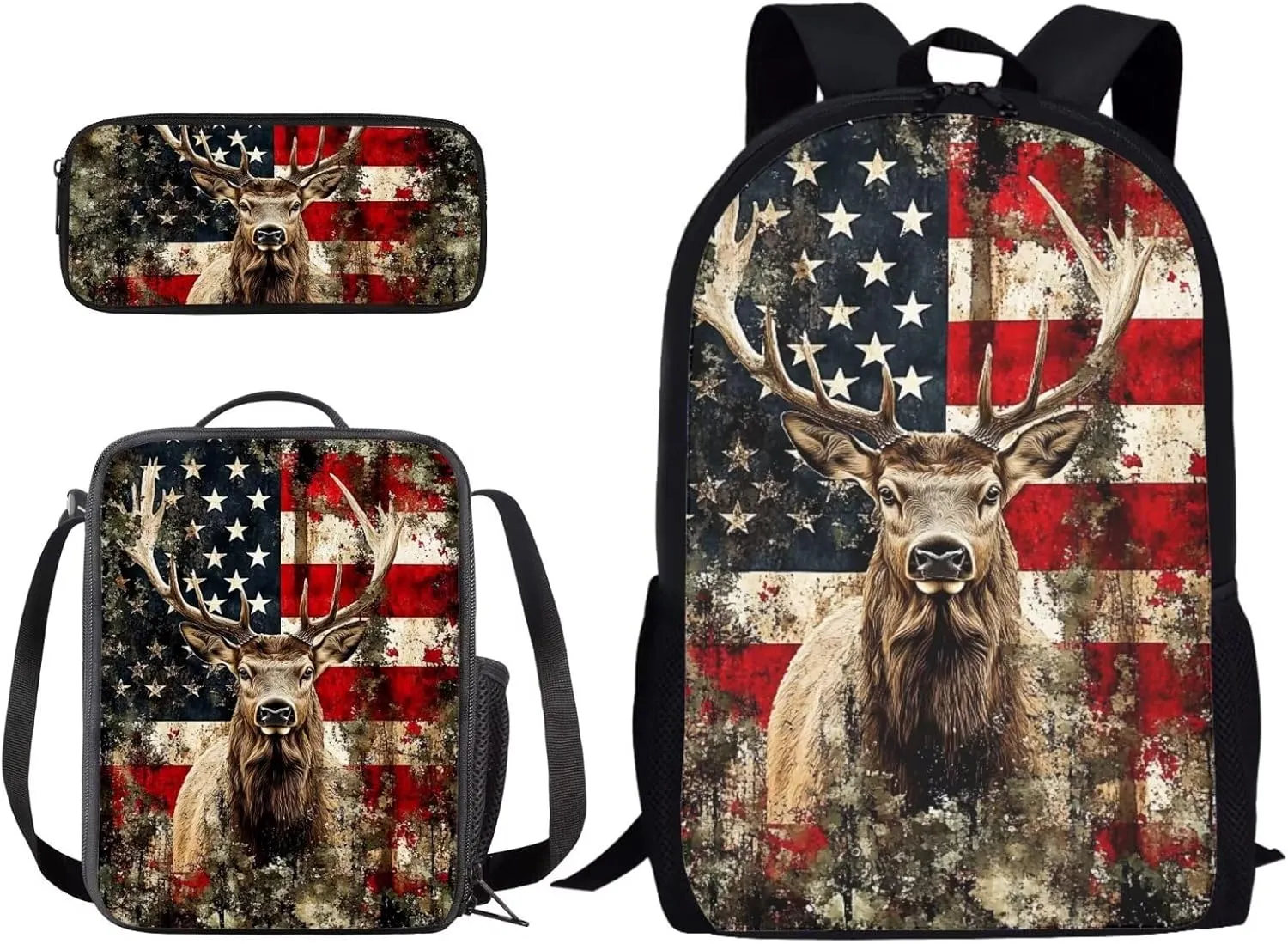 Xoenoiee American Flag Hunting Deer Pattern School Backpack 3 Pieces Set for Boys Girls with Lunch Box Pencil Bag Primary/Middle School Bag Teenager Bookbags