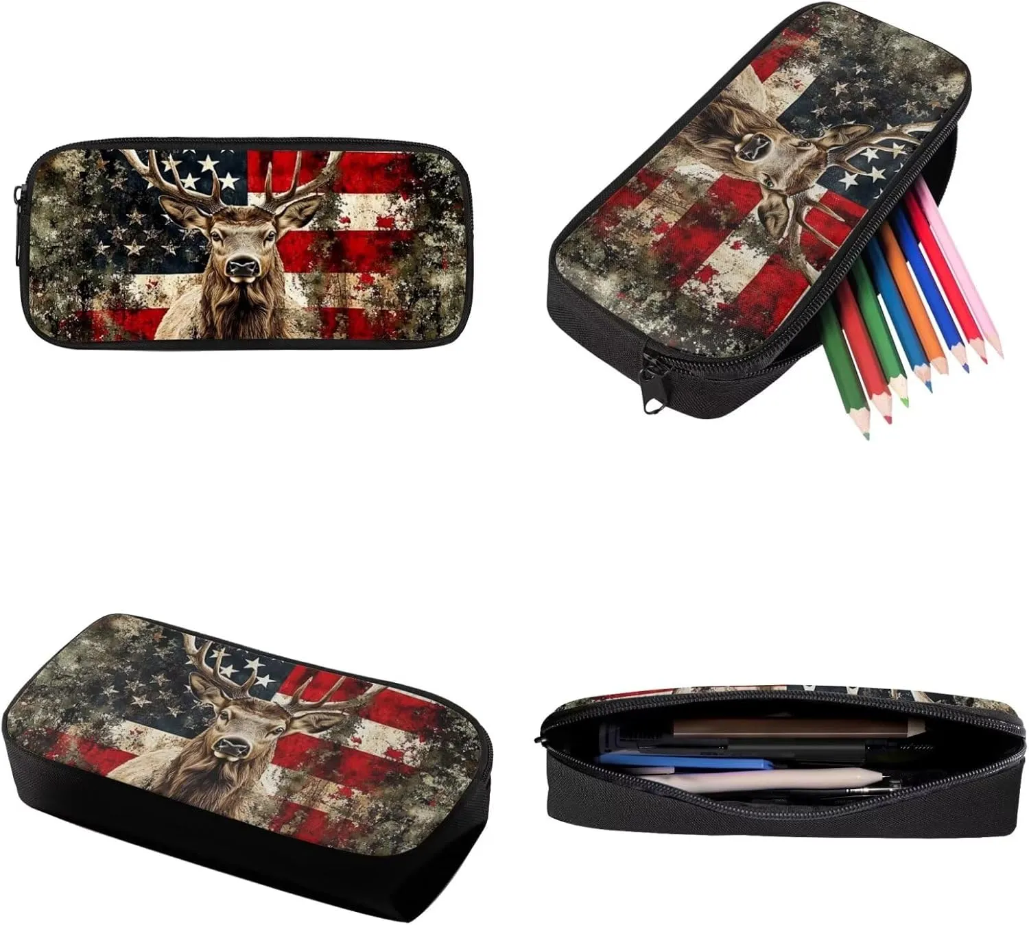 Xoenoiee American Flag Hunting Deer Pattern School Backpack 3 Pieces Set for Boys Girls with Lunch Box Pencil Bag Primary/Middle School Bag Teenager Bookbags
