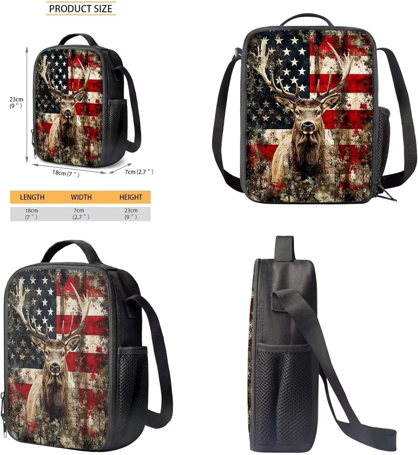 Xoenoiee American Flag Hunting Deer Pattern School Backpack 3 Pieces Set for Boys Girls with Lunch Box Pencil Bag Primary/Middle School Bag Teenager Bookbags
