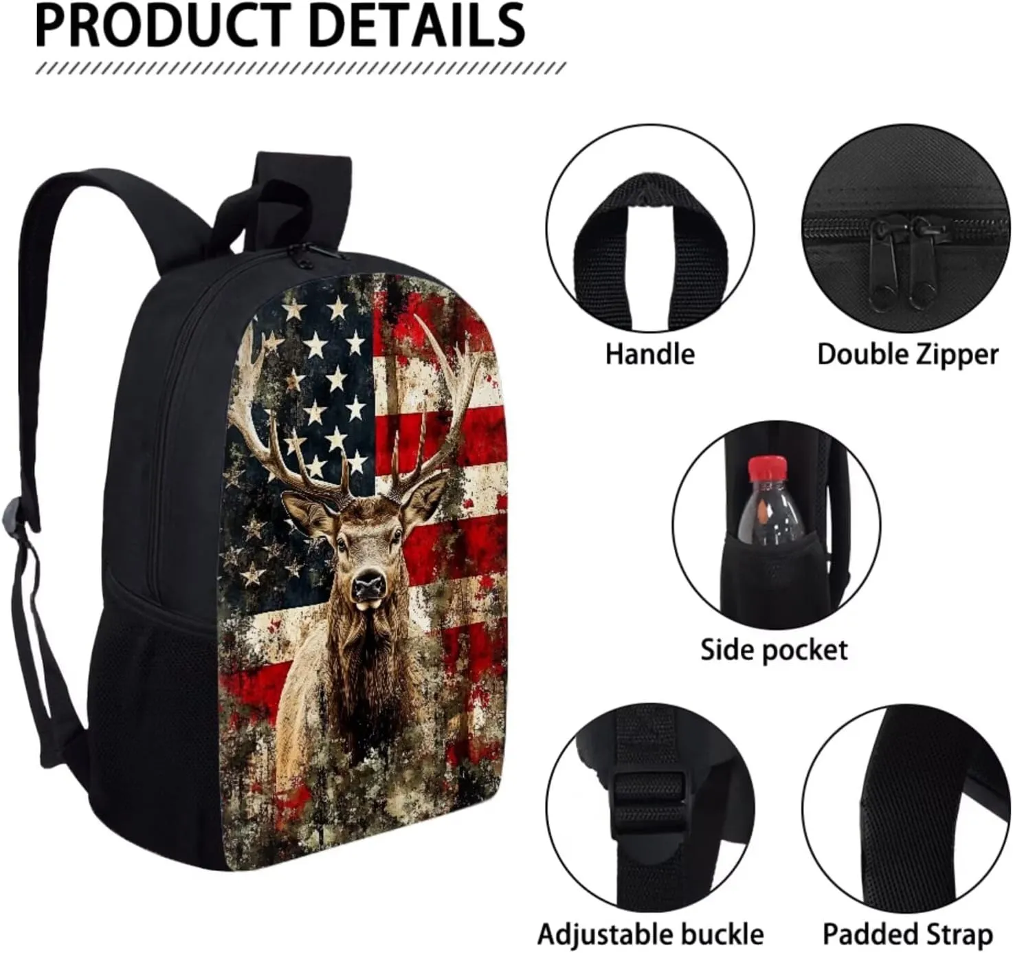 Xoenoiee American Flag Hunting Deer Pattern School Backpack 3 Pieces Set for Boys Girls with Lunch Box Pencil Bag Primary/Middle School Bag Teenager Bookbags