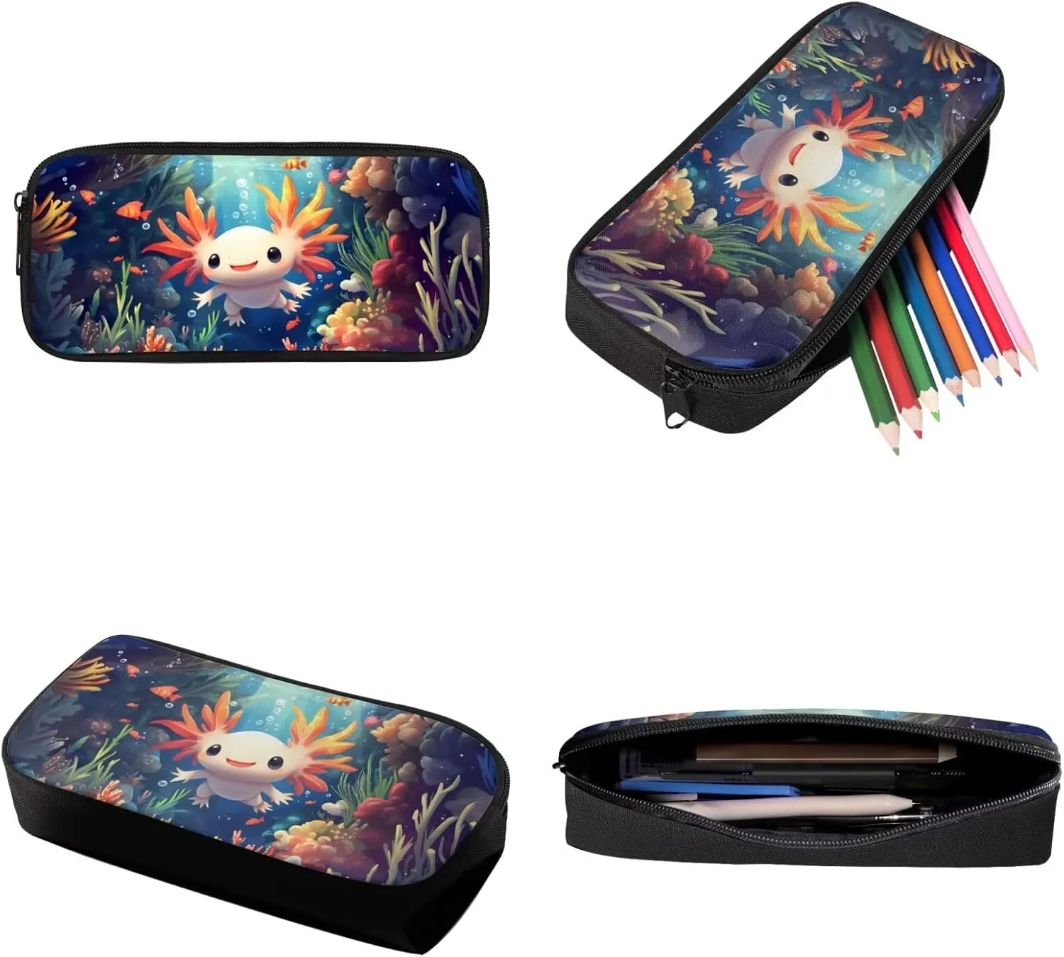 Xoenoiee Axolotl Fish Coral Undersea Pattern 3Pcs Backpack and Lunch Bag Pencil Bag Set for Kids School Bag Junior Teens Bookbag Lightweight Schoolbag Bag Pack 3 in 2