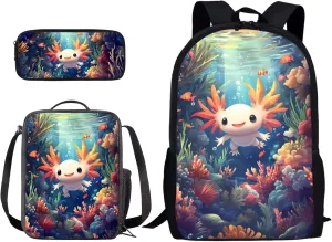Xoenoiee Axolotl Fish Coral Undersea Pattern 3Pcs Backpack and Lunch Bag Pencil Bag Set for Kids School Bag Junior Teens Bookbag Lightweight Schoolbag Bag Pack 3 in 2