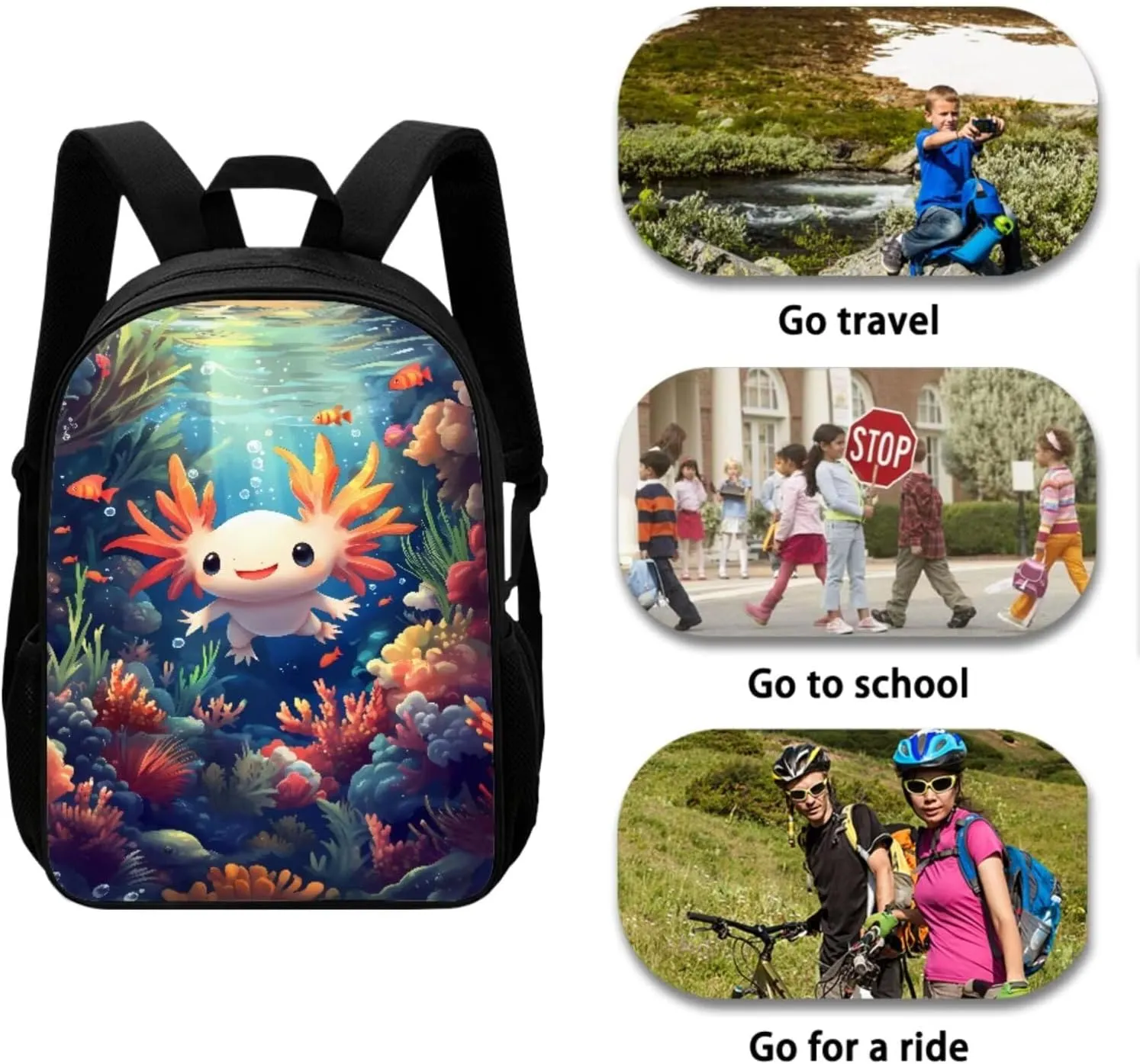 Xoenoiee Axolotl Fish Coral Undersea Pattern 3Pcs Backpack and Lunch Bag Pencil Bag Set for Kids School Bag Junior Teens Bookbag Lightweight Schoolbag Bag Pack 3 in 2