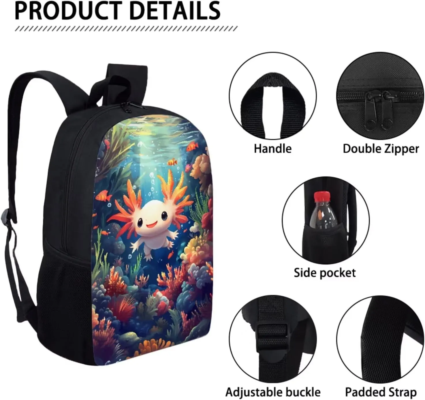 Xoenoiee Axolotl Fish Coral Undersea Pattern 3Pcs Backpack and Lunch Bag Pencil Bag Set for Kids School Bag Junior Teens Bookbag Lightweight Schoolbag Bag Pack 3 in 2