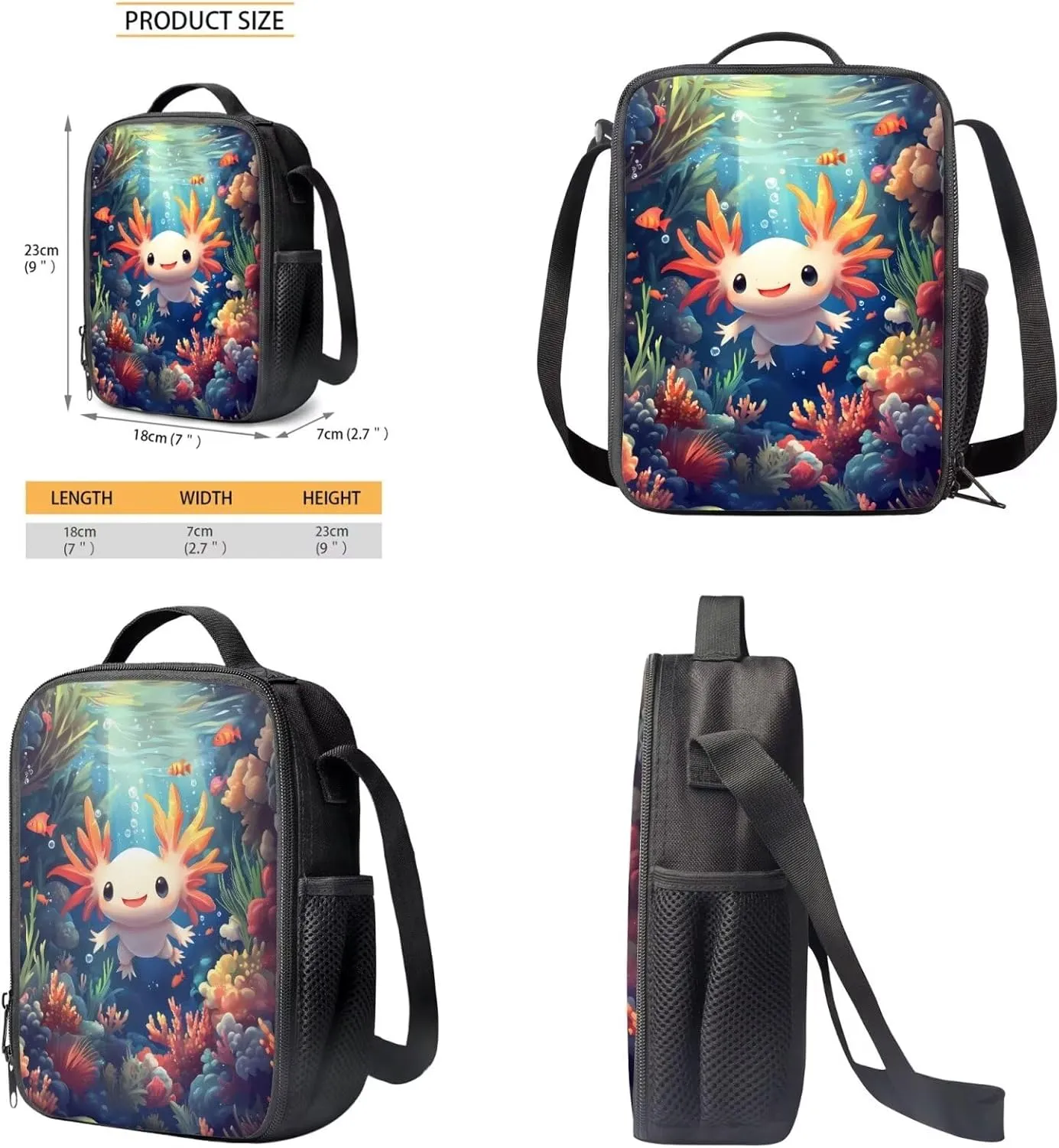 Xoenoiee Axolotl Fish Coral Undersea Pattern 3Pcs Backpack and Lunch Bag Pencil Bag Set for Kids School Bag Junior Teens Bookbag Lightweight Schoolbag Bag Pack 3 in 2