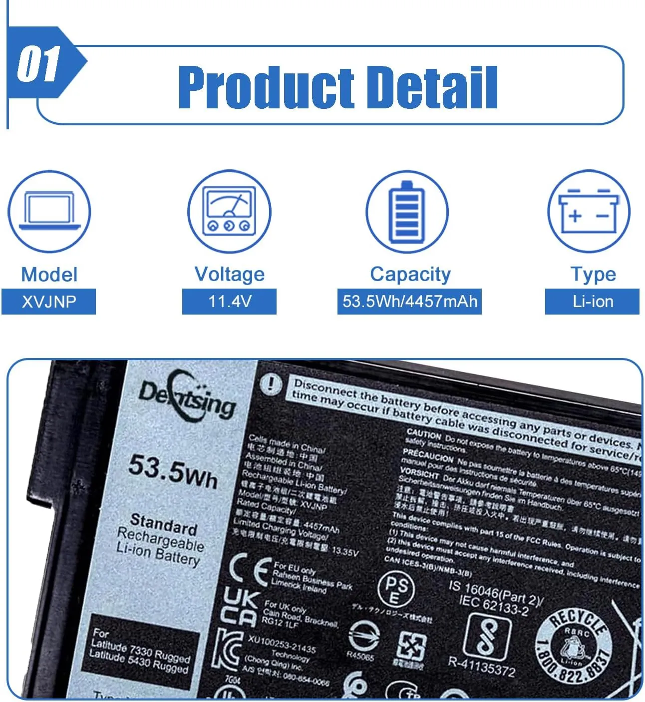 XVJNP Laptop Battery Compatible with Dell Latitude 5430 7330 Rugged Extreme P148G P148G001 P149G P149G001 Series 6JRCP 06JRCP M0TN3 0M0TN3 KD1CT 451-BCWQ 11.4V 53.5Wh