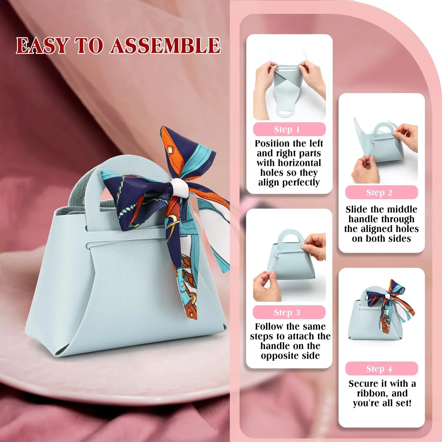 yadiana 12 Pack Pu Leather Purse Gift Bags with Handle, Cute Wedding Candy Purse Gift Boxes with Ribbon, Reusable Mini Party Favor Bags for Baby Shower Birthday Christmas Halloween (Light Blue)