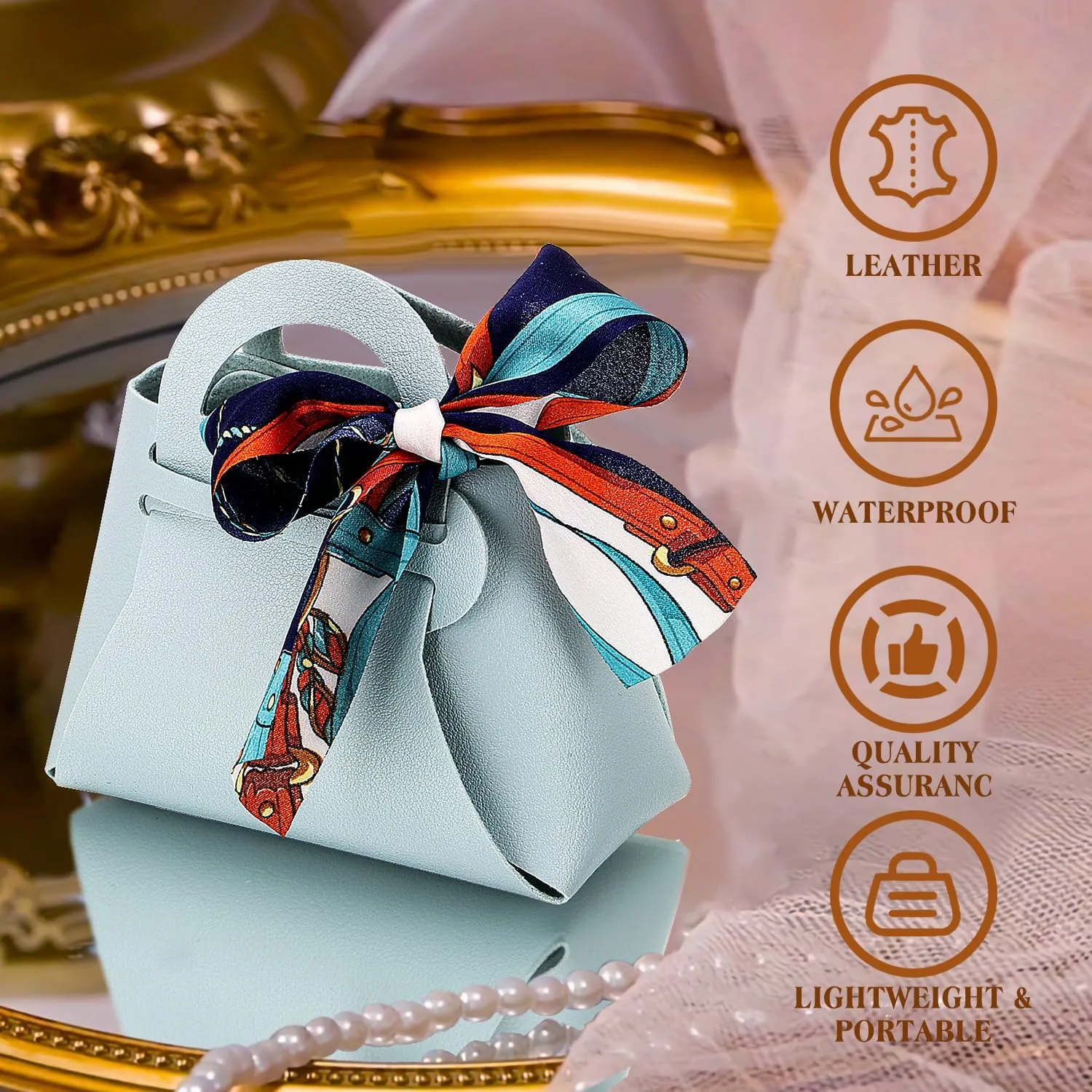 yadiana 12 Pack Pu Leather Purse Gift Bags with Handle, Cute Wedding Candy Purse Gift Boxes with Ribbon, Reusable Mini Party Favor Bags for Baby Shower Birthday Christmas Halloween (Light Blue)