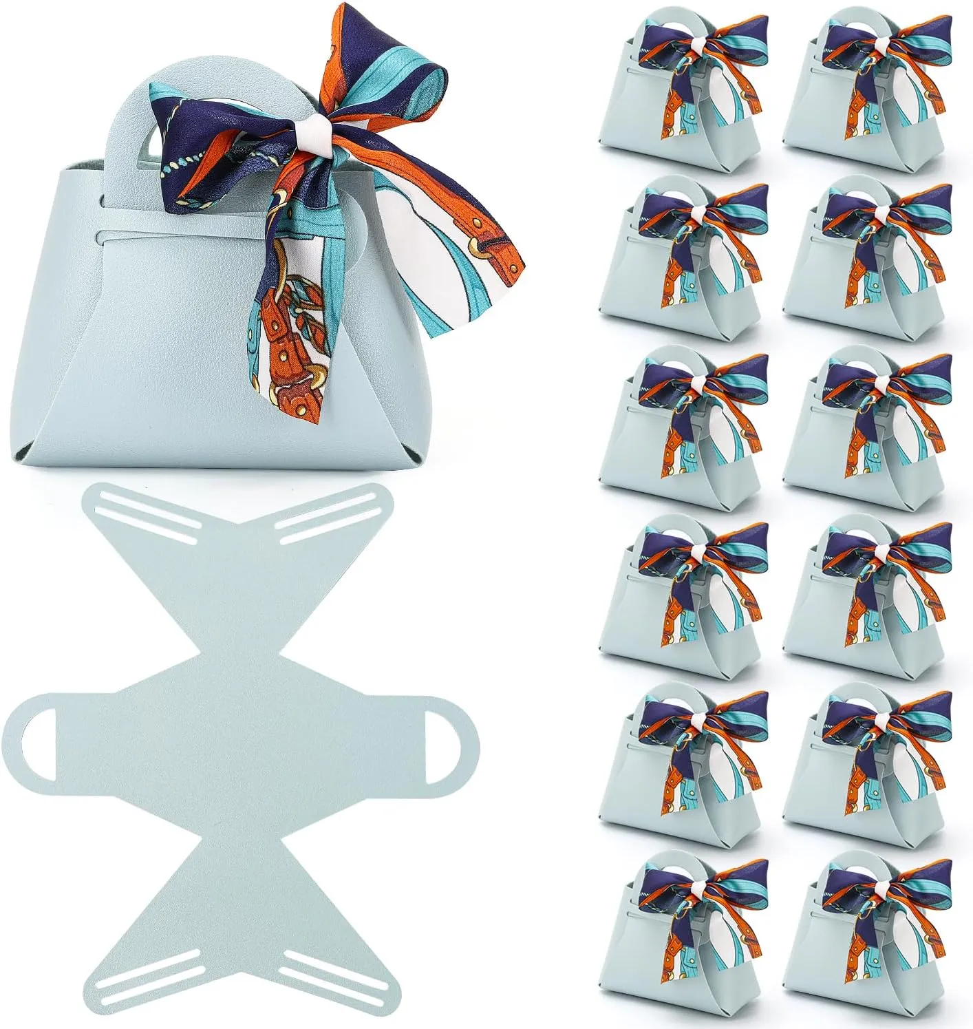 yadiana 12 Pack Pu Leather Purse Gift Bags with Handle, Cute Wedding Candy Purse Gift Boxes with Ribbon, Reusable Mini Party Favor Bags for Baby Shower Birthday Christmas Halloween (Light Blue)