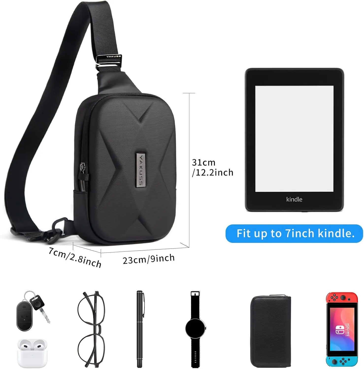 YaKuss Hard Shell Sling Bag, Anti-theft Crossbody Bag for Women Men Lightweight Shoulder Chest Bag Casual Backpack for Travel Daily, Black