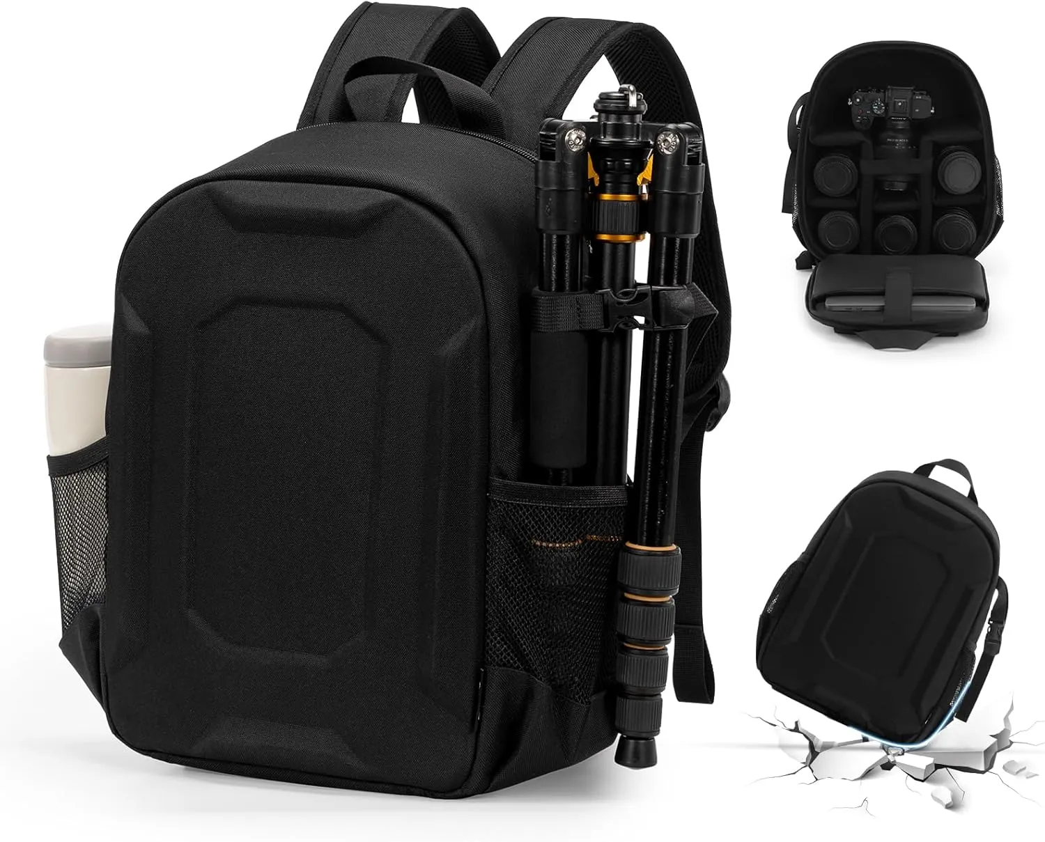 YaKuss Hardshell Camera Backpack, Shockproof Camera Bag With Tripod Strap, for 14" Laptop, Camera Backpacks for Photographers,Compatible with Canon Nikon Sony SLR DSLR Mirrorless Camera, Medium, Black
