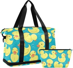 Yellow Rubber Duck Bubbles Duffel Gym Bag for Women Sports Travel Duffel Bag Sports Bag with Shoe Wet Compartment Mom Hospital Bag for Travel School