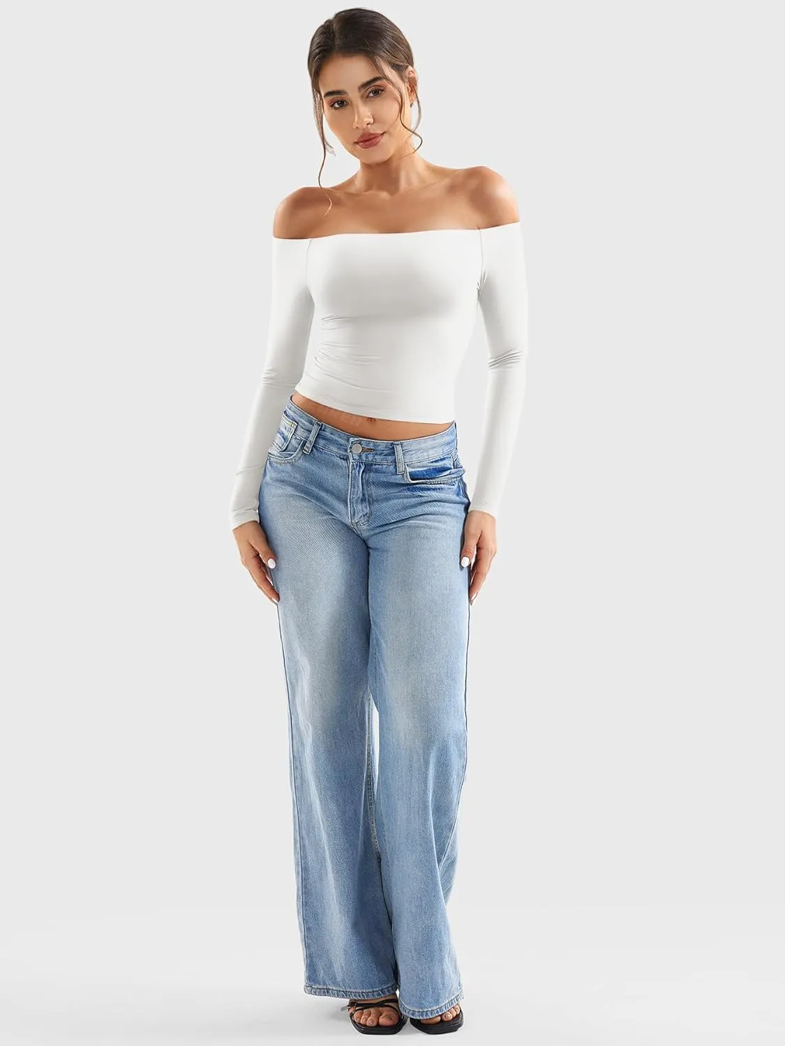YEOREO Sophie Women Off Shoulder Long Sleeve Shirts Double Lined Basic Undershirt Y2K Going Out Tops