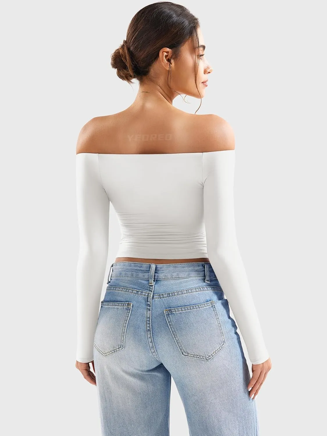 YEOREO Sophie Women Off Shoulder Long Sleeve Shirts Double Lined Basic Undershirt Y2K Going Out Tops