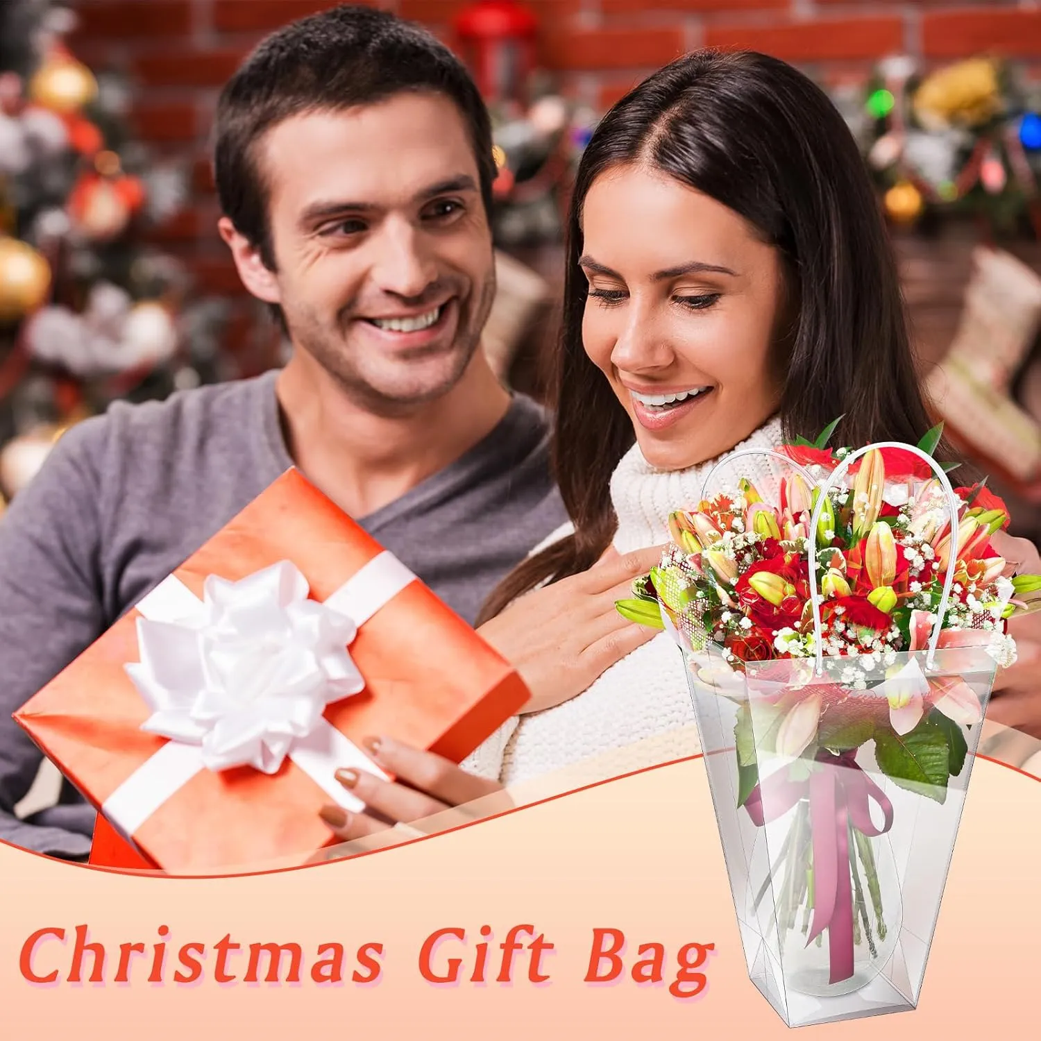 Yexiya 48 Pcs Floral Bags Large Clear Flower Bouquet Bag Bulk with Handle Transparent Florist Gift Packaging Plastic Gift for Birthday Christmas Valentine Mother's Day Wedding, 11.4 x 5.9 x 16.7 Inch