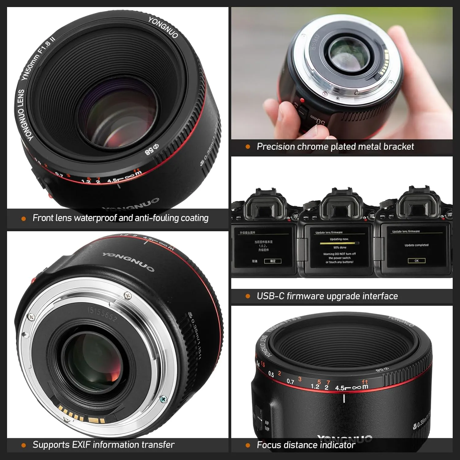 YONGNUO YN50MM f1.8 II Lens for Canon EF Mount, AF/MF 50mm f/1.8 Lens Large Aperture 0.35m Focus Distance Standard Prime Lens for Canon 5D IV 1DX I 200D II 850D 7D 6DII (Black)