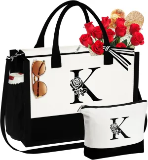 YOOLIFE Gifts for Women - Initial Canvas Tote Bag & Makeup Bag Birthday Gifts for Women Wife Mom Friend Teacher Sister