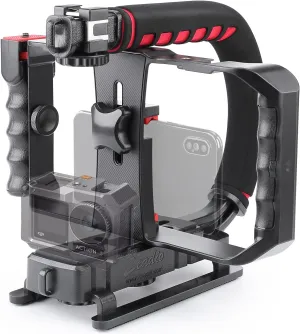 Zeadio Camera Handheld Stabilizer with Smartphone Video Cage Rig, Triple Cold-Shoe Handle Grip Compatible with All Camera Action Camera DSLR Smartphone