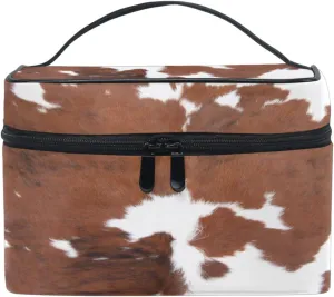ZOEO Makeup Train Case Cow Brown Fur Printi Animal Korean Carrying Portable Zip Travel Cosmetic Brush Bag Organizer Large for Girls Women