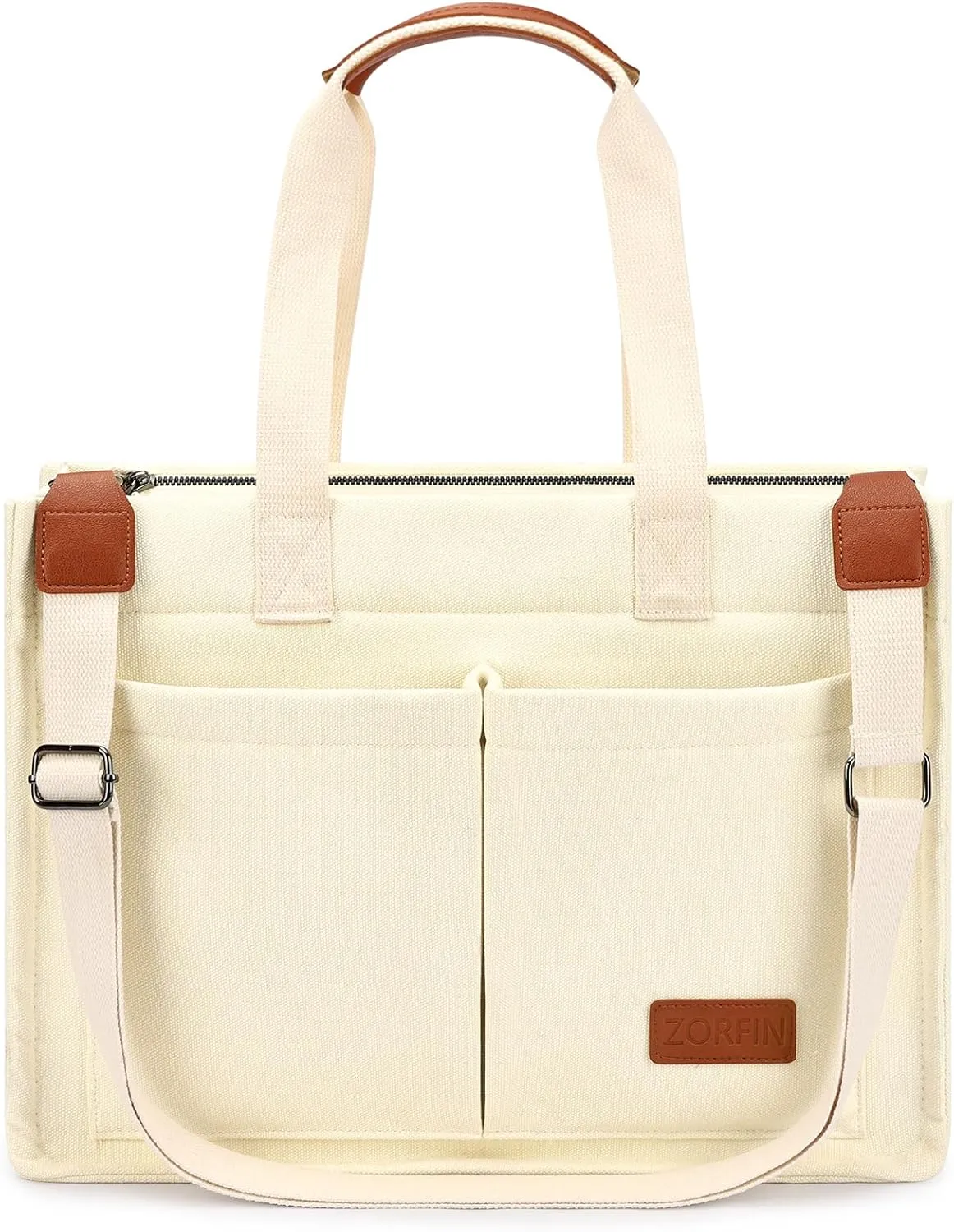 ZORFIN Canvas Tote Bag for Women with Zipper and Compartments Crossbody Work Laptop Bag for Travel College Office