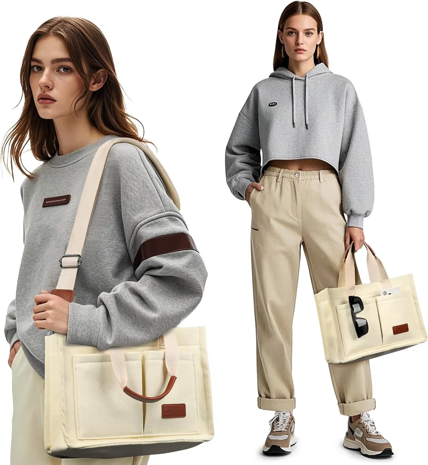 ZORFIN Canvas Tote Bag for Women with Zipper and Compartments Crossbody Work Laptop Bag for Travel College Office