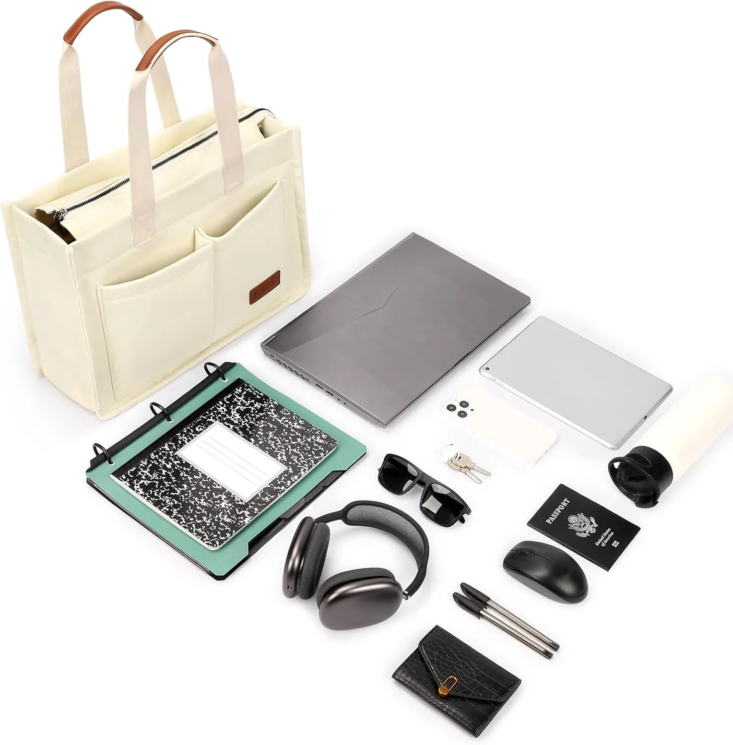 ZORFIN Canvas Tote Bag for Women with Zipper and Compartments Crossbody Work Laptop Bag for Travel College Office