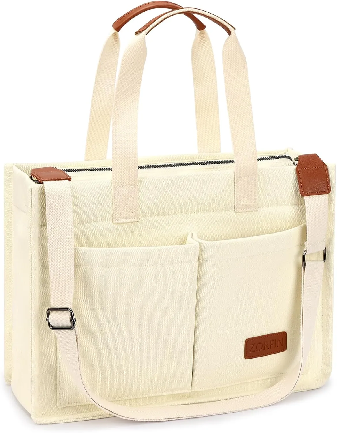 ZORFIN Canvas Tote Bag for Women with Zipper and Compartments Crossbody Work Laptop Bag for Travel College Office